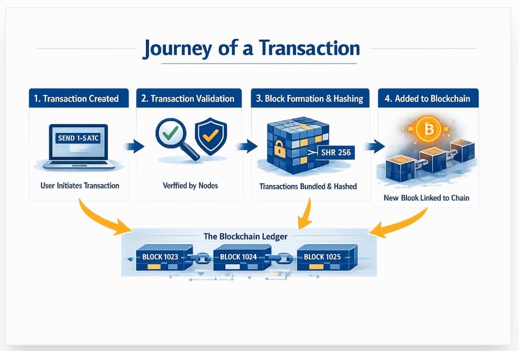 Illustration showing how blockchain processes and validates transactions across a distributed network